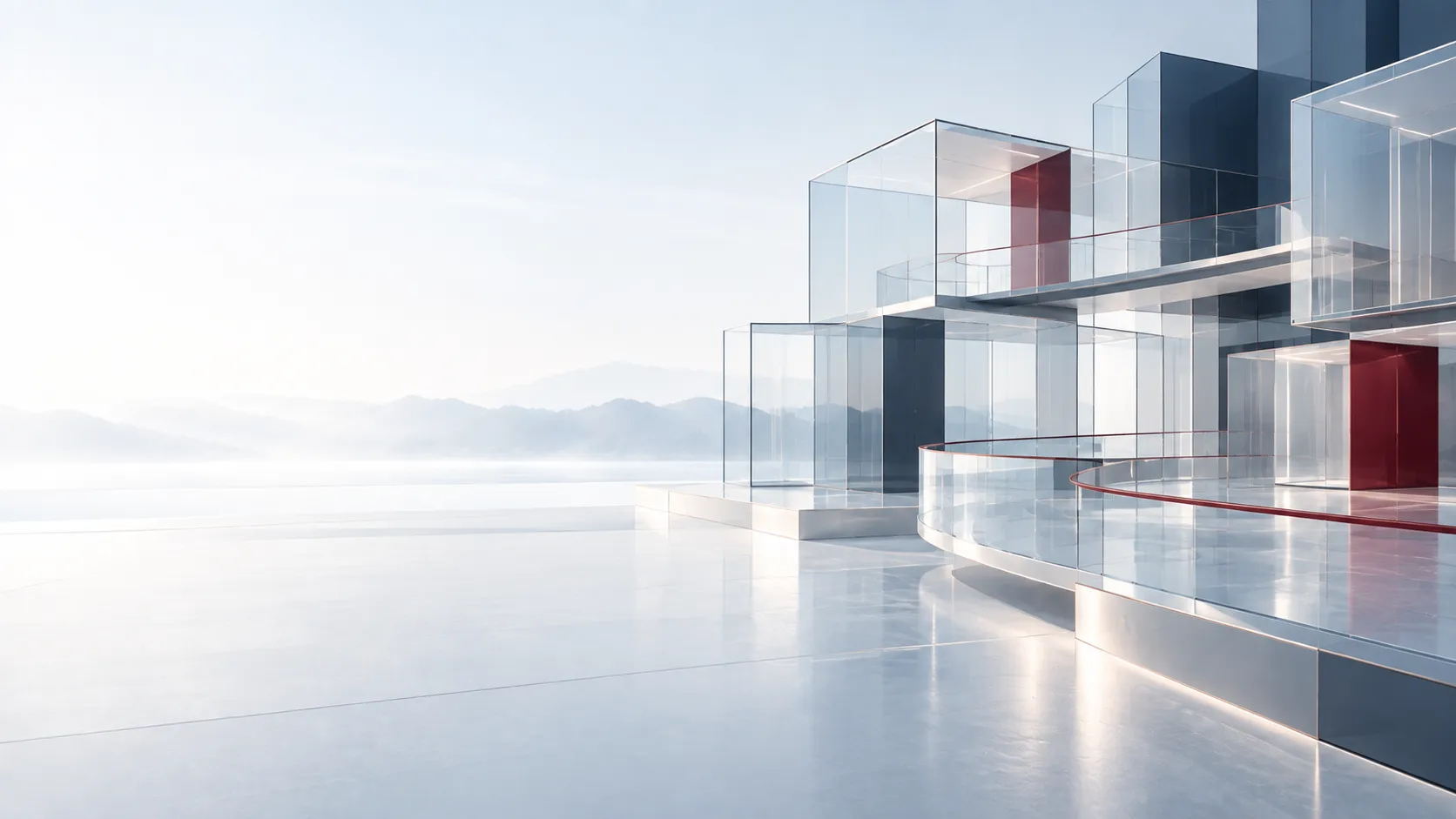 Modulare Architektur aus transparenten, miteinander verbundenen Glaselementen