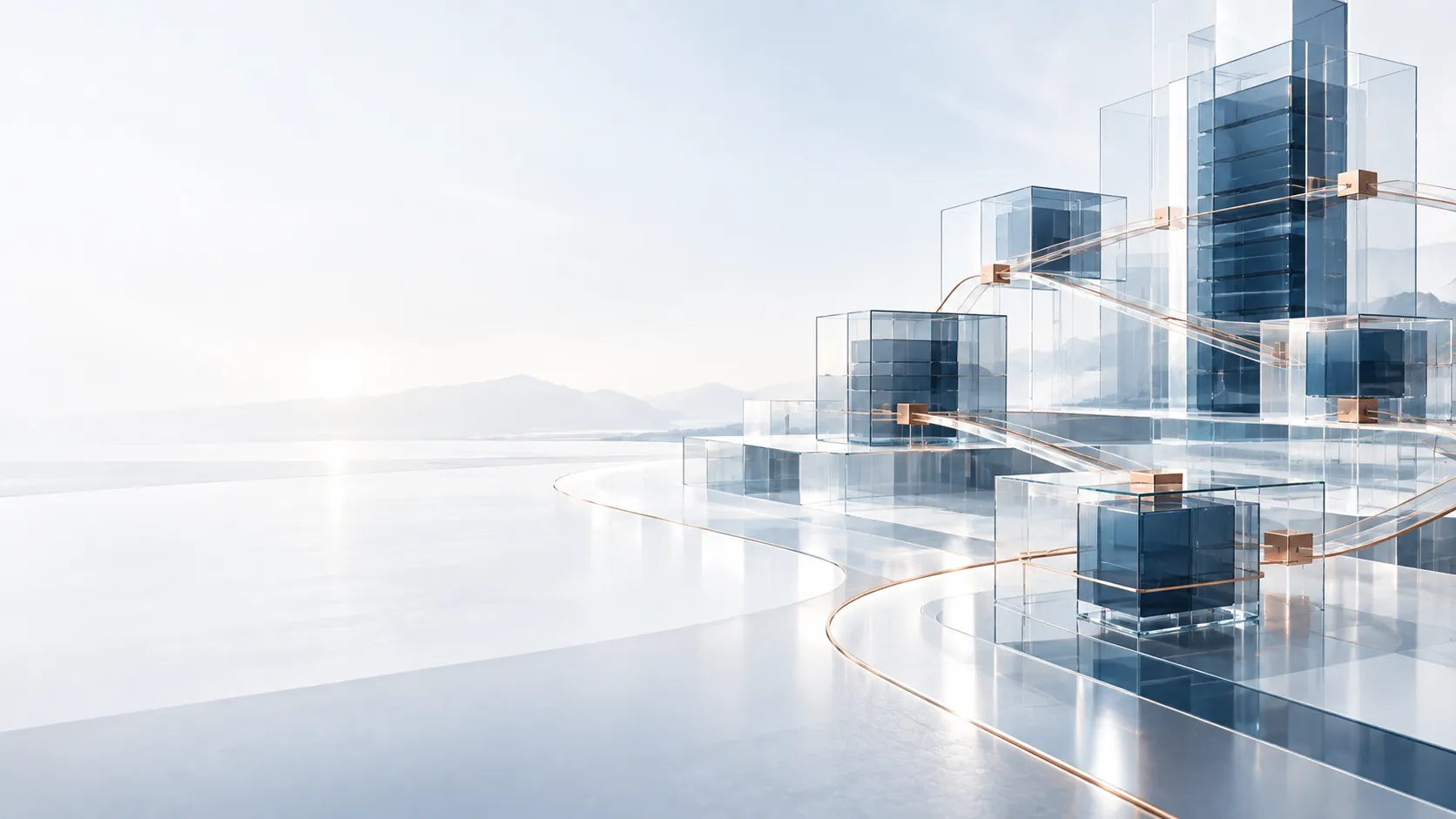 Abstrakte vernetzte Architektur aus Glasmodulen und Datenwegen